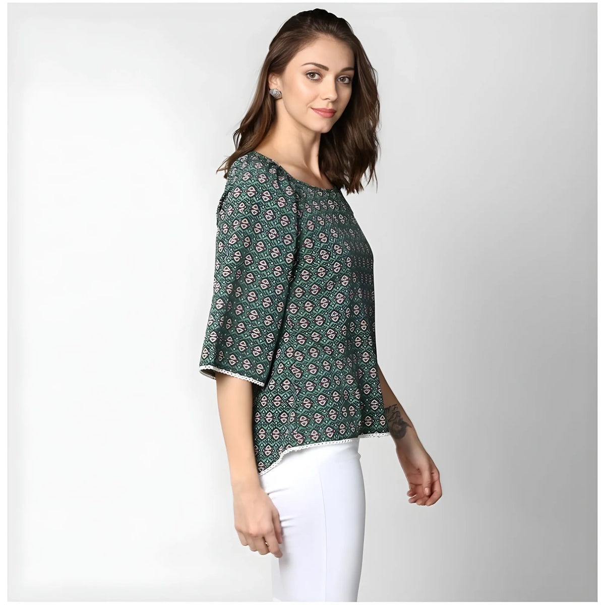 Women's Polyester Printed 3-4th Sleeves Top (Green)