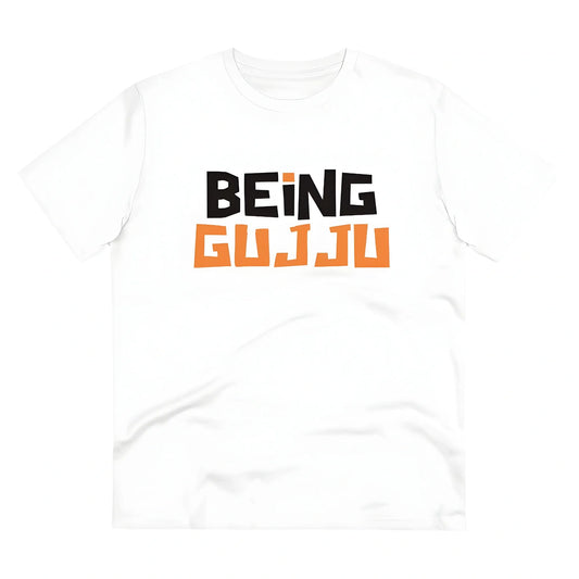 Men's PC Cotton Being Gujju Printed T Shirt (Color: White, Thread Count: 180GSM)
