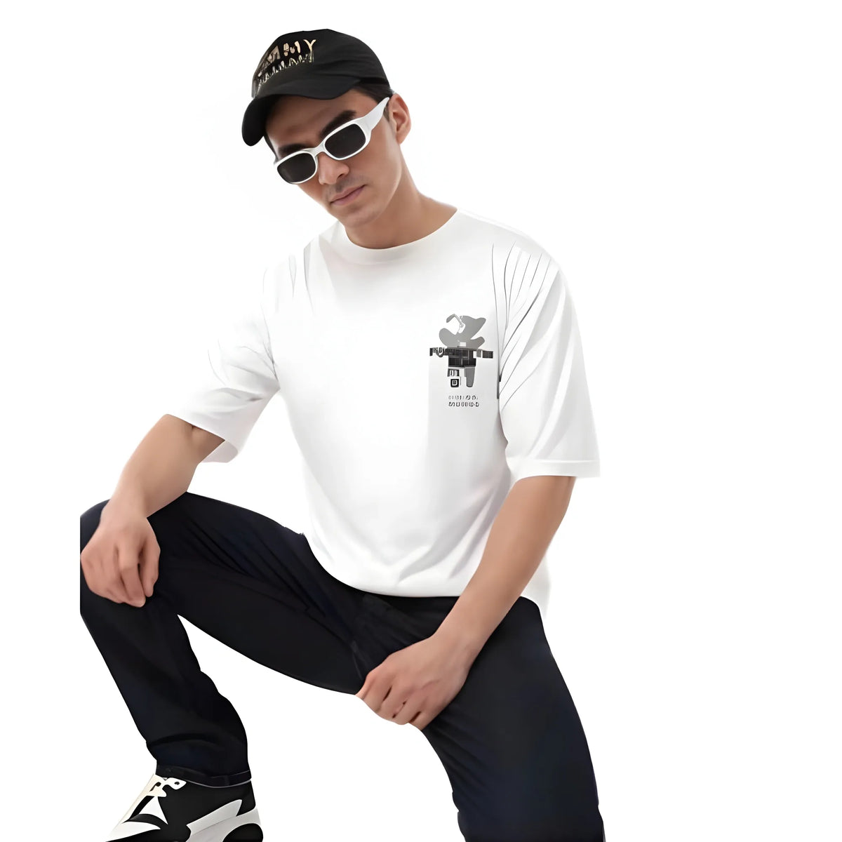 Men's Cotton Blend Printed Oversized Round Neck Half Sleeve T-Shirt (White)
