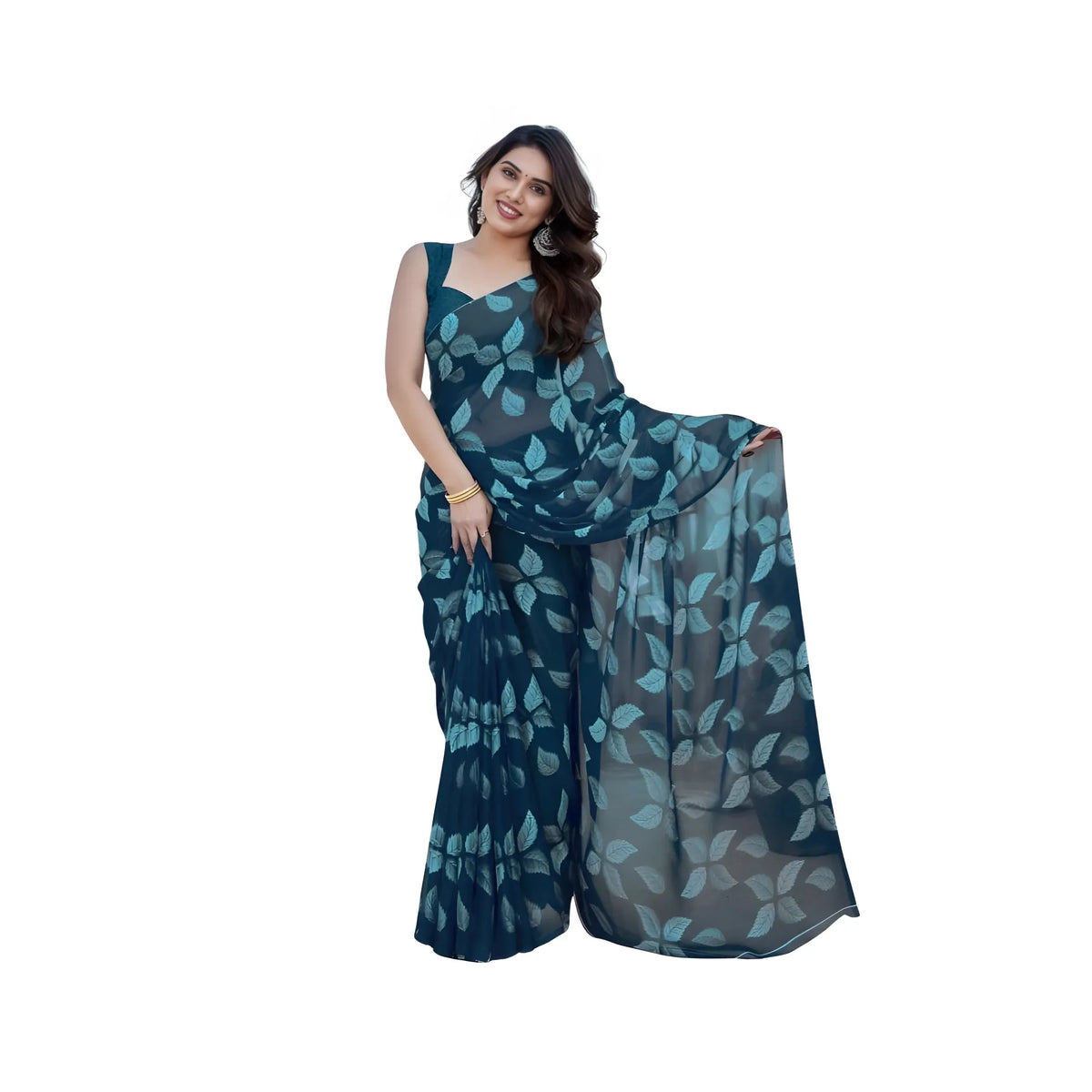 Women's Chiffon Printed Saree With Unstitched Blouse 5.5Mtr  (Blue)