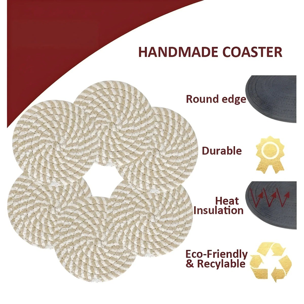 Cotton Rope Drink Coasters 6 Pcs Set (Beige-White)