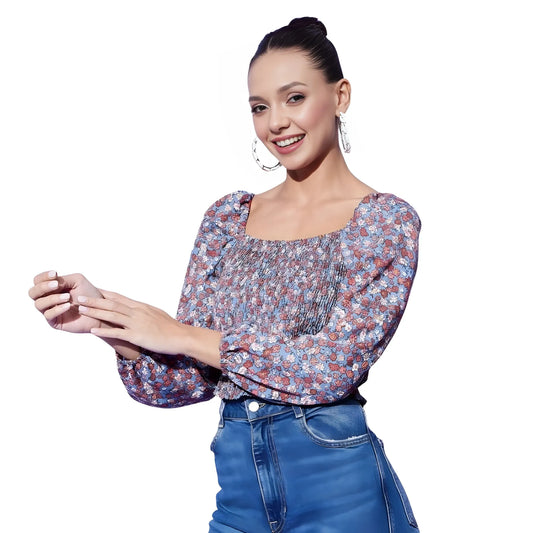Women's Polyester Floral Long Sleeves Top (Multicolor)