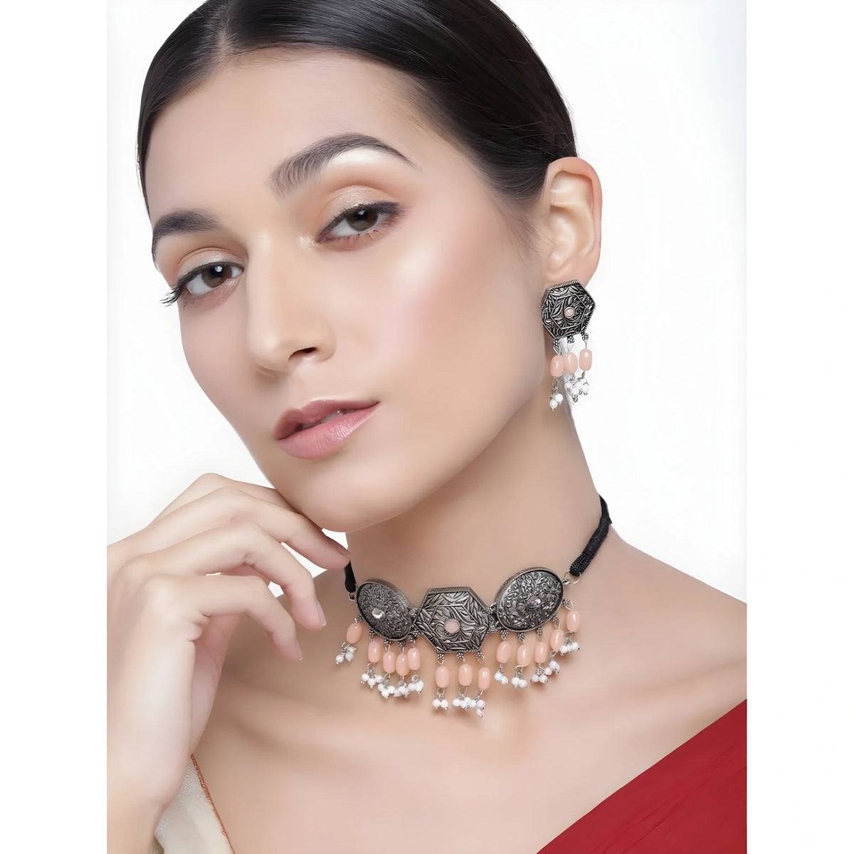 Women's Rose Gold Plated Alloy Necklace &amp; Earings Set (Orange)