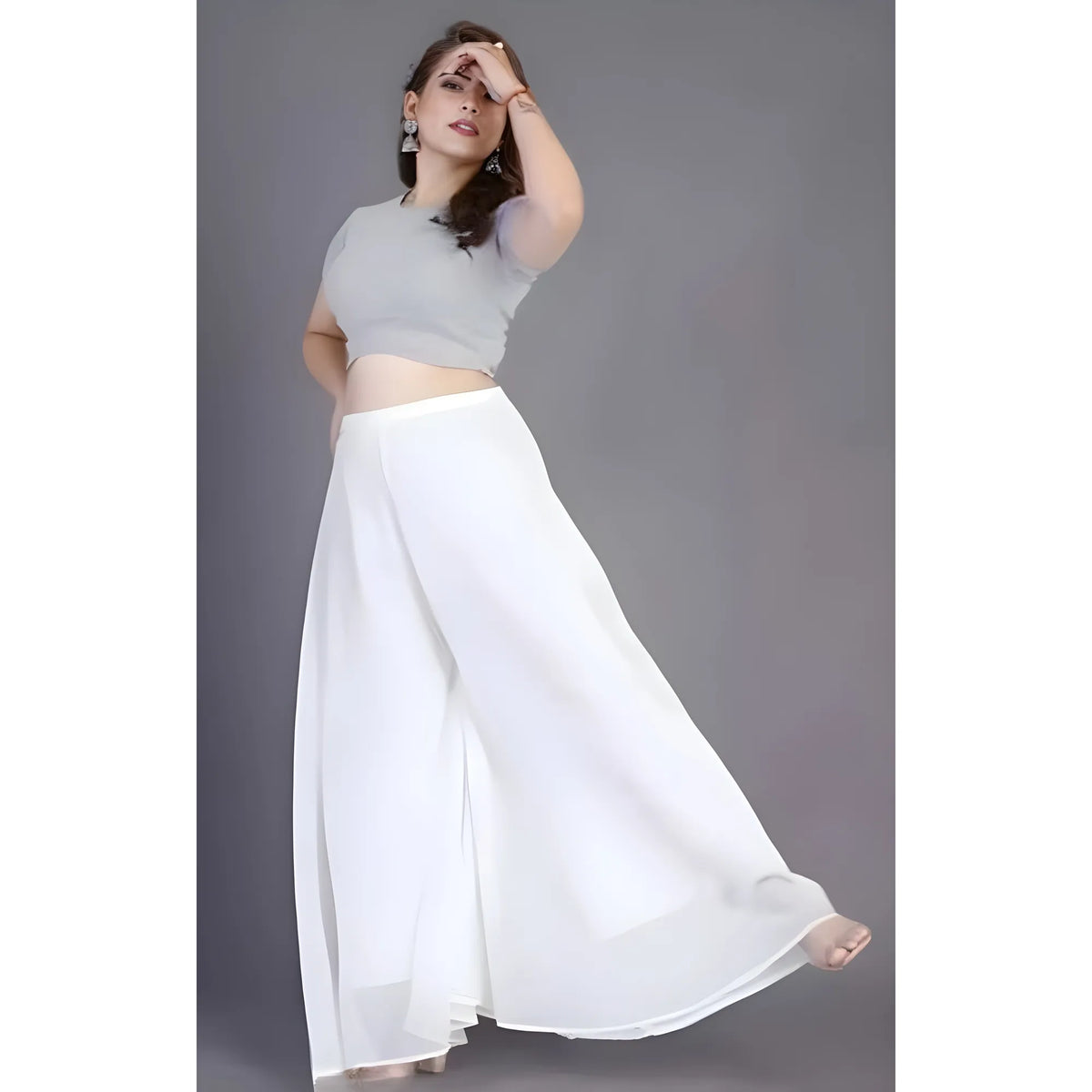 Women's Pack of 1 Georgette Solid High Rise Wide Leg Flared Palazzo with Elastic Waist (White)
