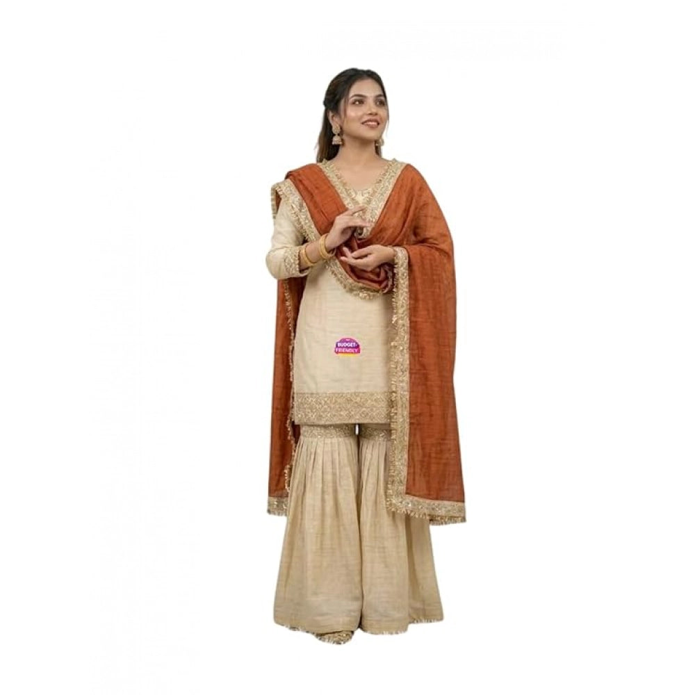 Women's Silk Embroidered 3/4th Sleeve V Neck Kurti With Sharara Pant And Dupatta Set (cream &amp; Orange) | Women Signature Collection