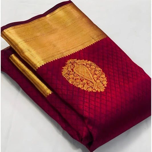 Women's Soft Lichi Silk Printed Saree With Unstitched Blouse 5.5Mtr (Maroon)