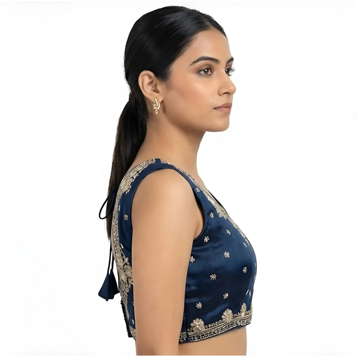 Women's Silk Embroidered V-Neck Sleeveless Readymade Padded Blouse (Blue, Size 38)