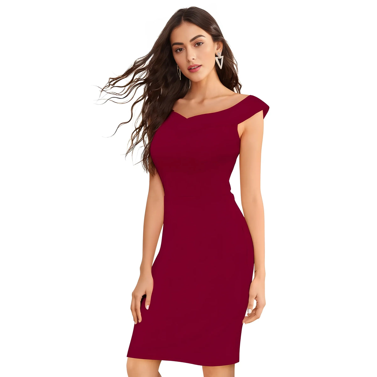Women's Knitting stretchable Solid Round Neck Sleeveless Dress (Maroon)