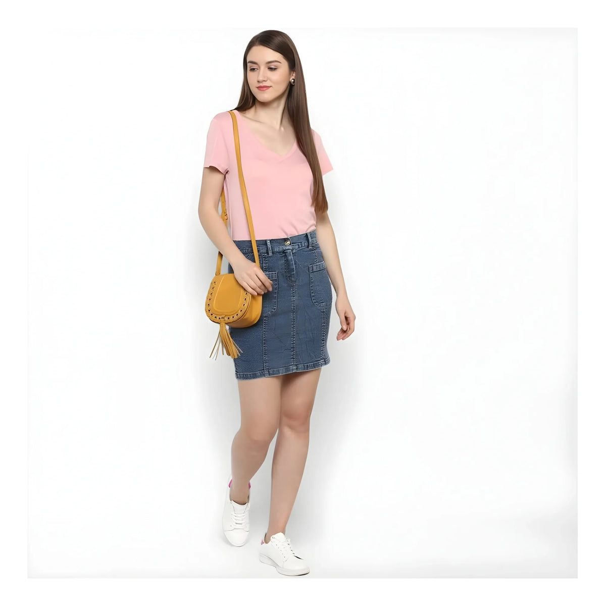 Women's Denim Front Pocket Buttoned Skirt (blue) | Women Signature Collection
