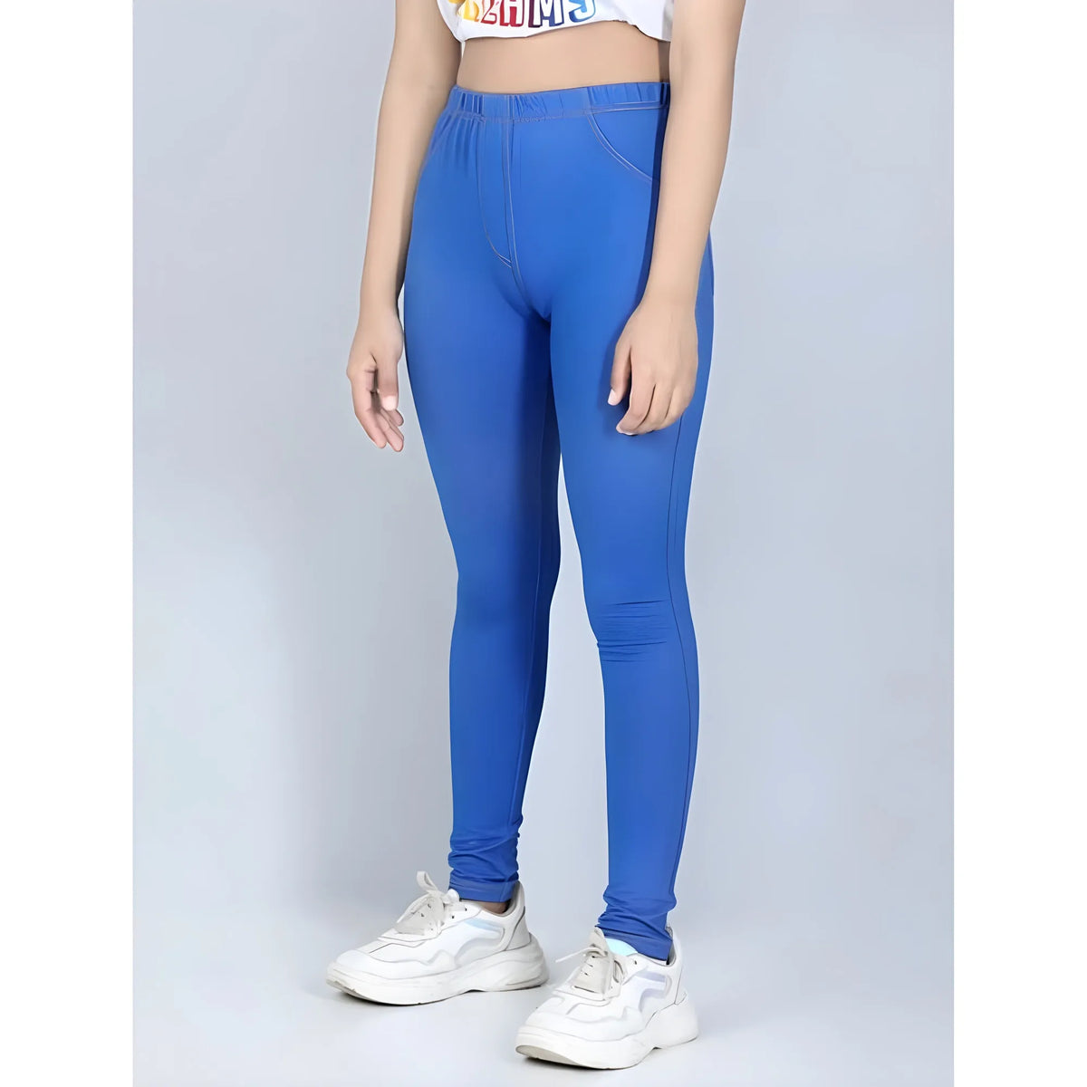 Girl's Cotton Lycra Solid Elasticated Jeggings (Blue)