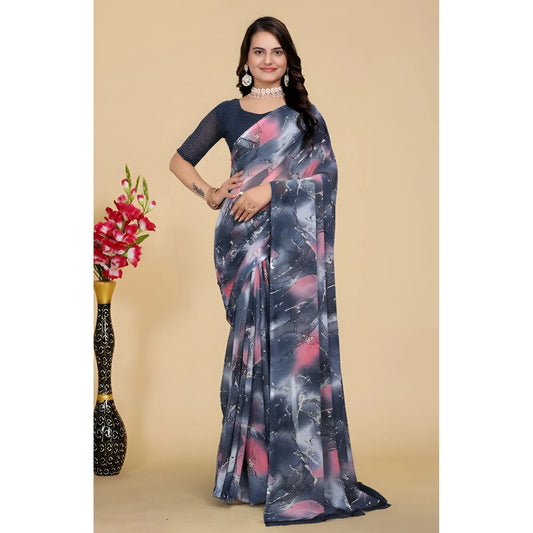 Women's Georgette Printed Saree With Unstitched Blouse 5.5Mtr (Grey-Pink)