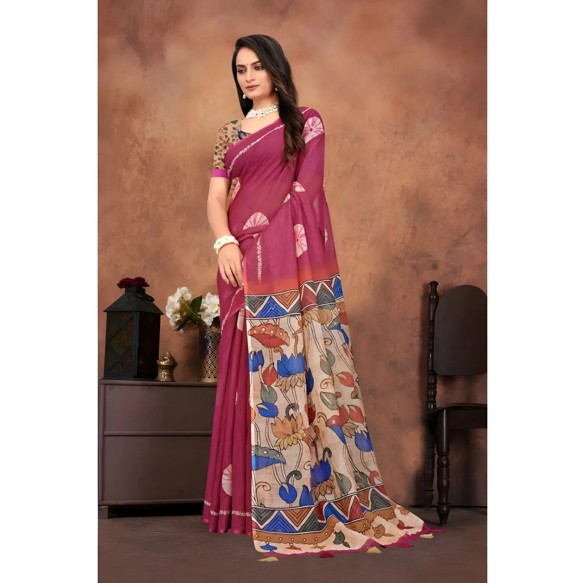 Women's Linen Printed Saree With Unstitched Blouse 5.5Mtr (Purple)
