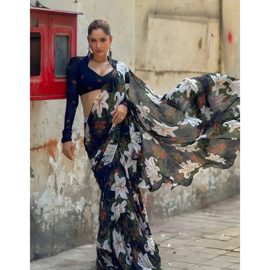 Women's Georgette Floral Printed Saree With Unstitched Blouse 5.5Mtr (Black)