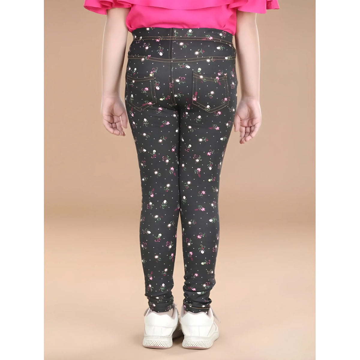 Girl's Cotton Lycra Floral Elasticated Jeggings (Multicolor)