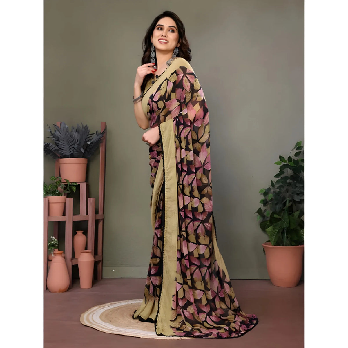 Women's Chiffon Printed Saree With Unstitched Blouse 5.5Mtr  (Beige)