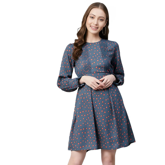 Women's Polyester Polka Long Sleeves Above Knee Dress (grey Coral) | Women Signature Collection