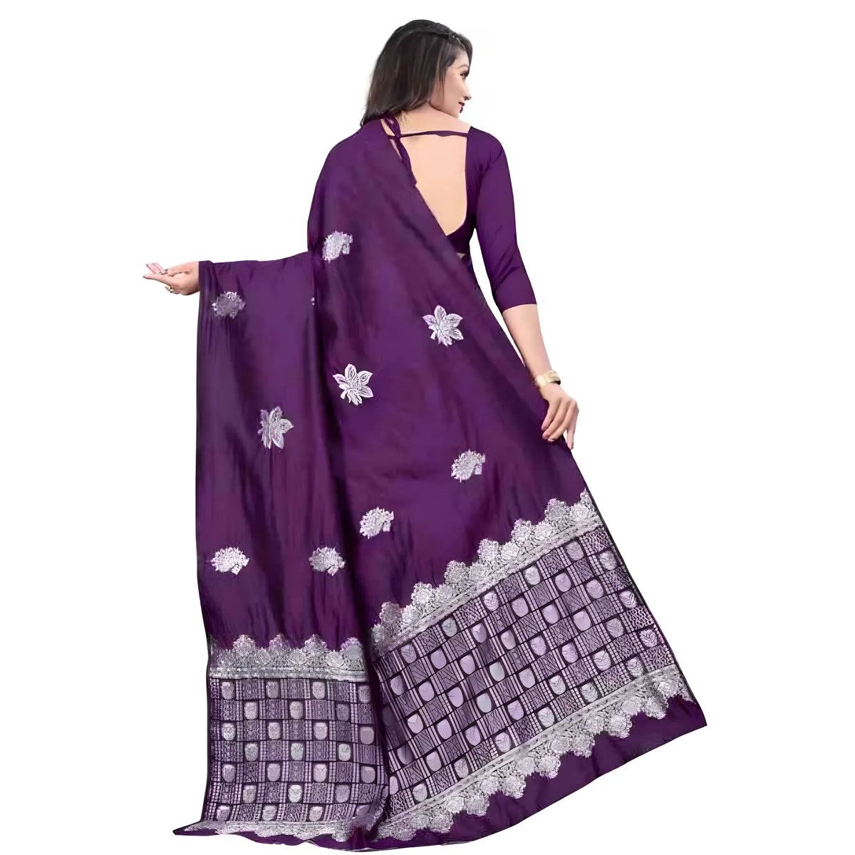 Women's Soft Lichi Silk Printed Saree With Unstitched Blouse 5.5Mtr (Purple)