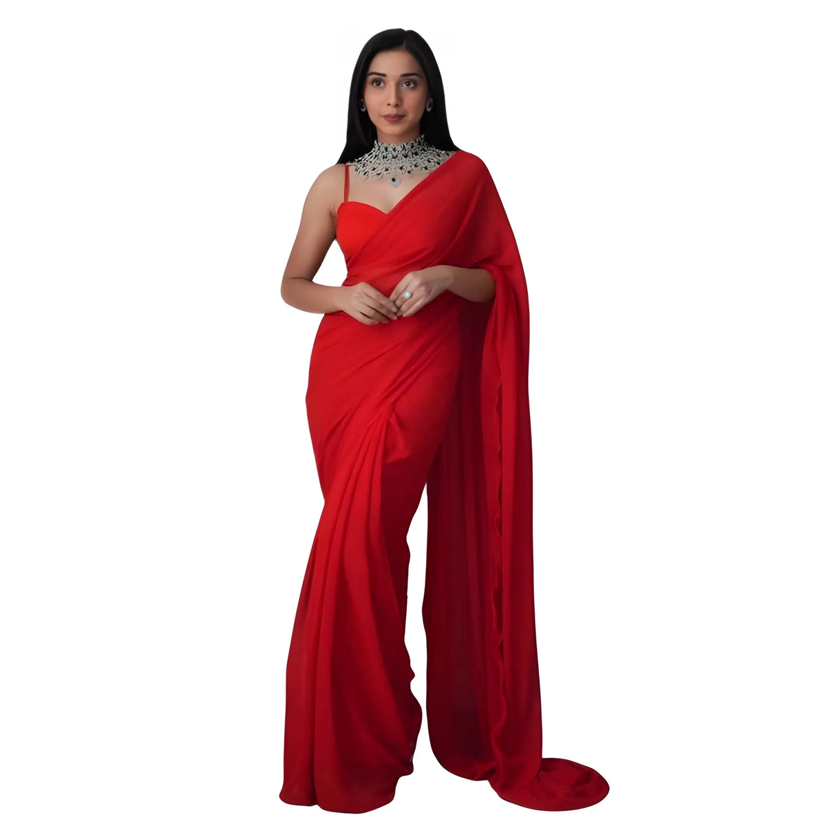 Women's Georgette Solid Saree With Unstitched Blouse 5.5Mtr (Red)