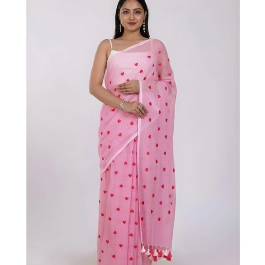 Women's Linen Printed Saree With Unstitched Blouse 5.5Mtr (Pink)