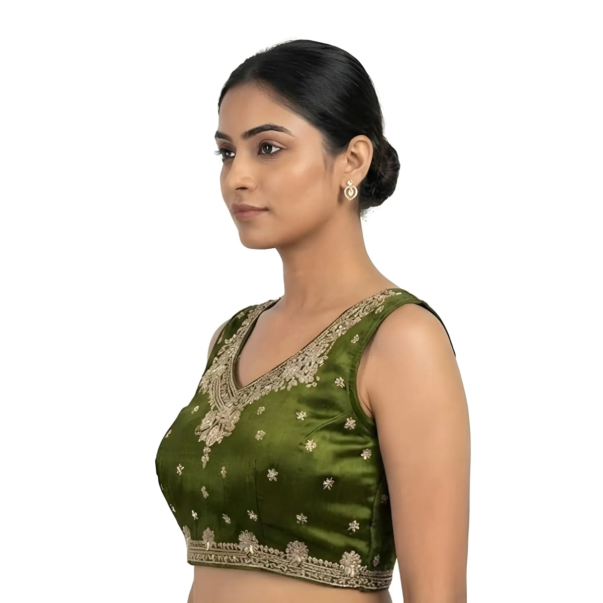 Women's Silk Embroidered V-Neck Sleeveless Readymade Padded Blouse (Mahendi, Size 38)