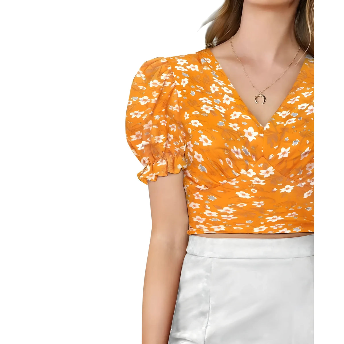 Women's Knitting Printed V-Neck Puff Sleeve Tops (Yellow)