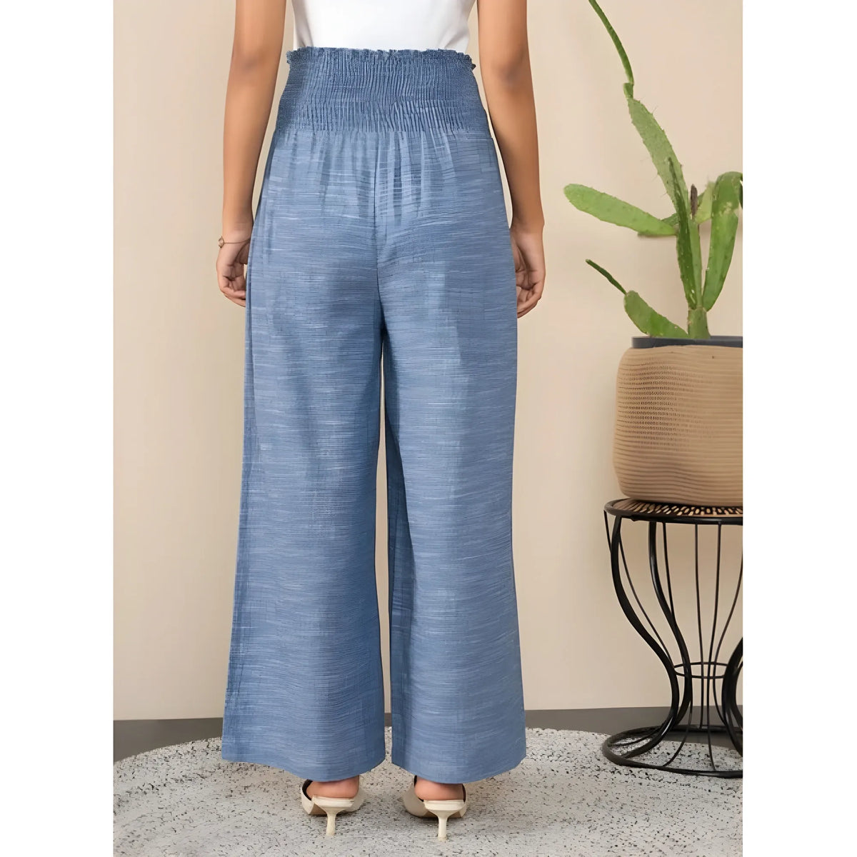 Women's Cotton Self Design Smocked Trousers (blue) | Women Signature Collection