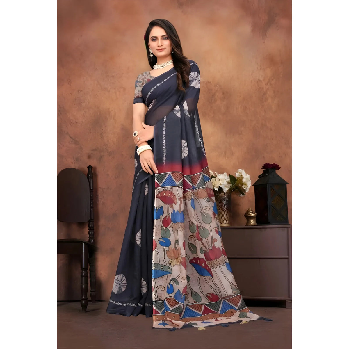 Women's Linen Printed Saree With Unstitched Blouse 5.5Mtr (Black)
