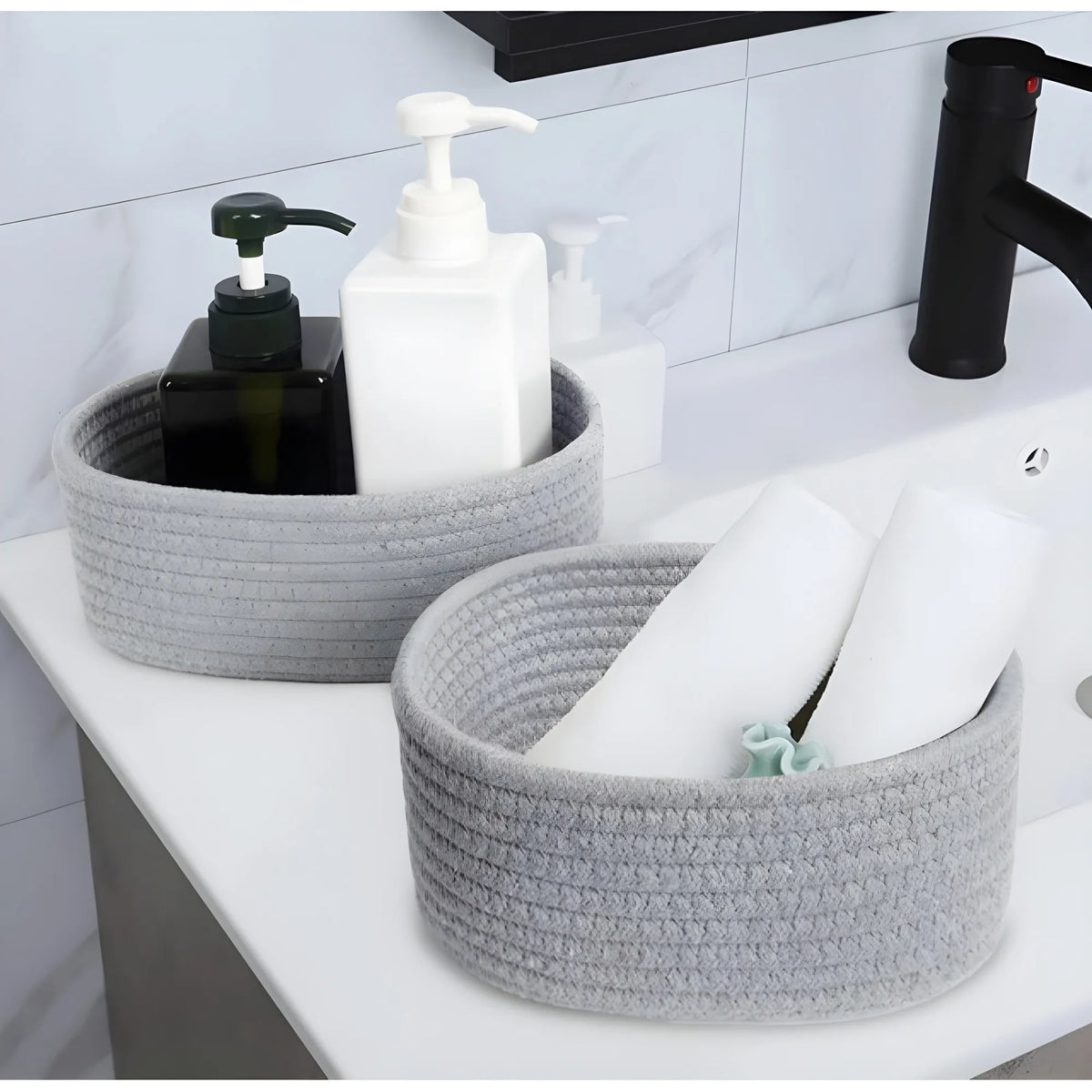 Cotton 8x3 Inch Round 2 Set Bedside Organizer With Out Lid (Gray)