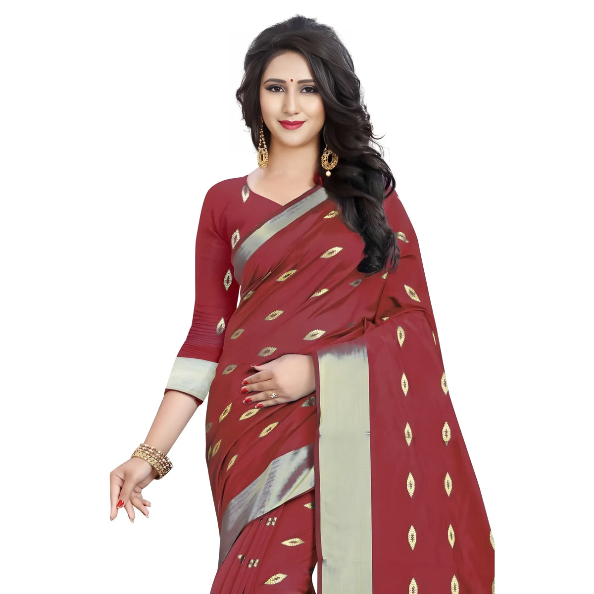 Women's Silk Blend Woven Saree With Unstitched Blouse 5.5Mtr (Red)