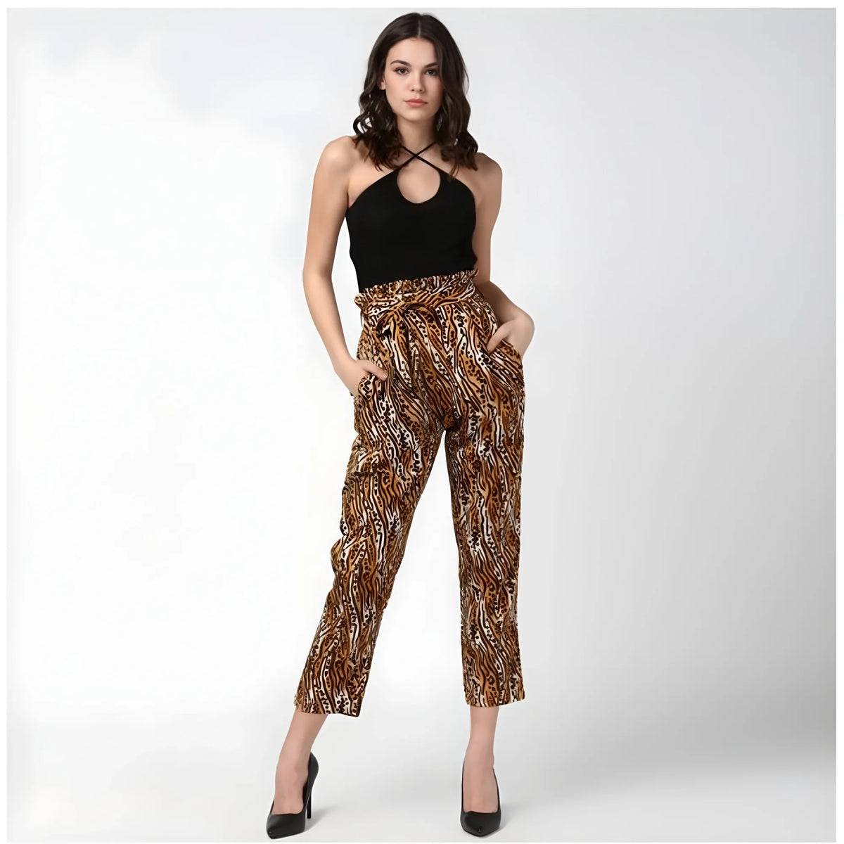 Women's Polyester Animal Print Elasticated Trousers (orange Black) | Women Signature Collection