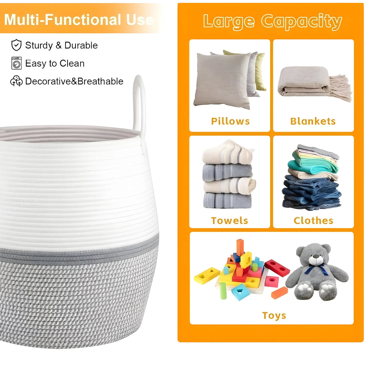 Cotton Matka With Handle 14x12 Inch Storage Basket For Clothes With Out Lid (Gray-White)