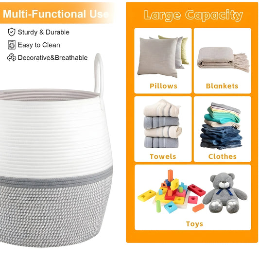 Cotton Matka With Handle 14x12 Inch Storage Basket For Clothes With Out Lid (Gray-White)