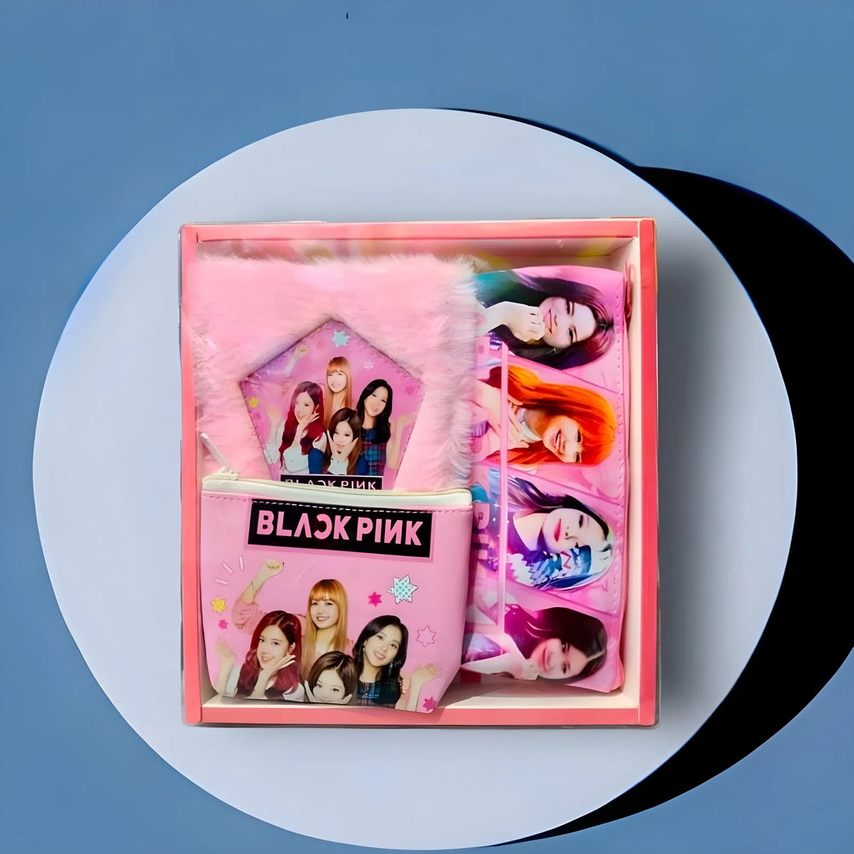 3 in 1 Black Pink BTS Stationery Set With 2 Pouchs And 1 Packet Dairy | Soft Furr | Stationery | 5+ Years