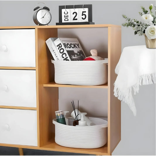 Cotton 10x7x4 Inch2 Pcs Oval Storage Basket For Clothes (White)