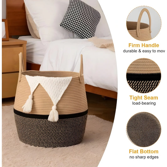 Cotton Matka With Handle 14x12 Inch Storage Basket For Clothes With Out Lid (Beige-Black)