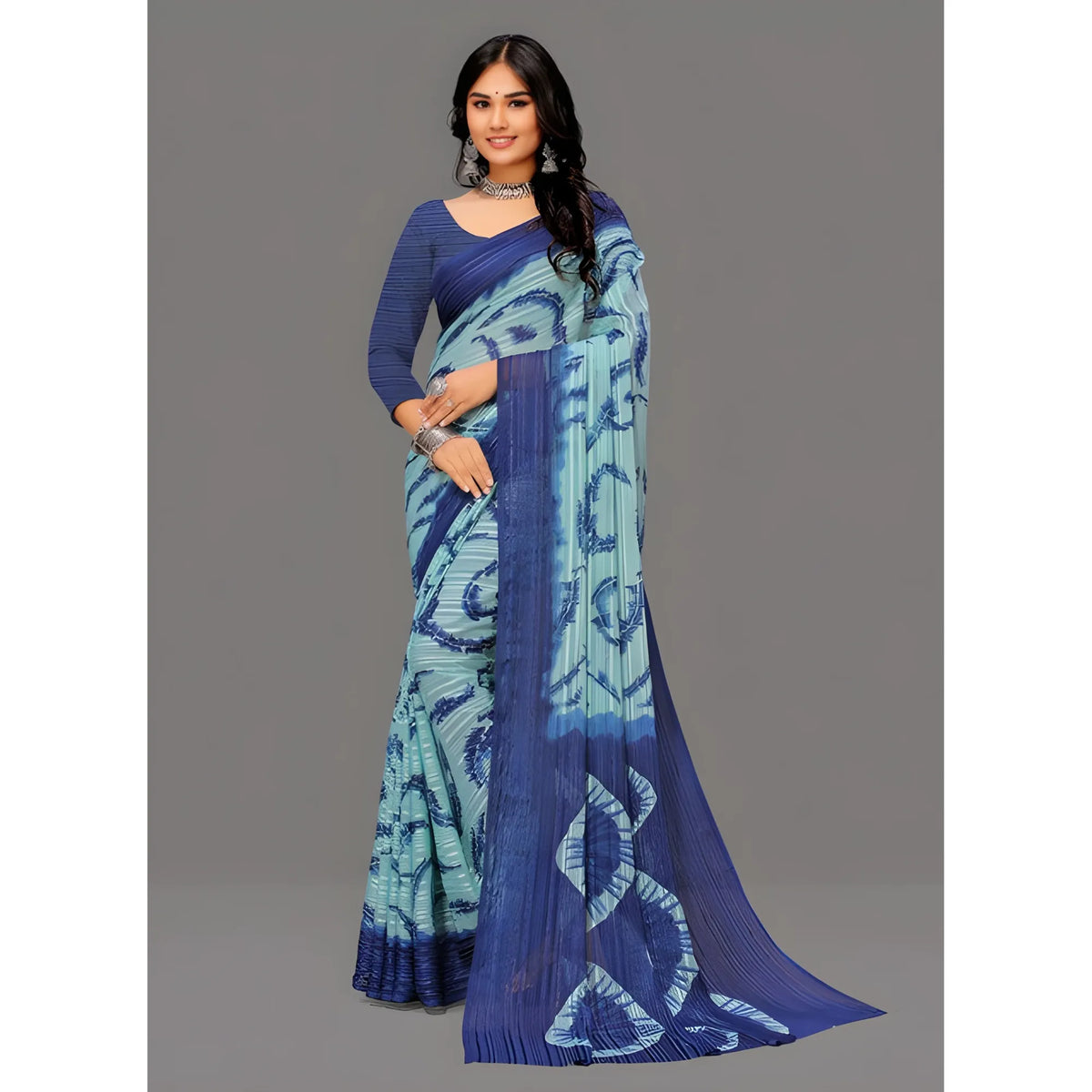 Women's Georgette Striped Printed Saree With Unstitched Blouse 5.5Mtr (Blue)