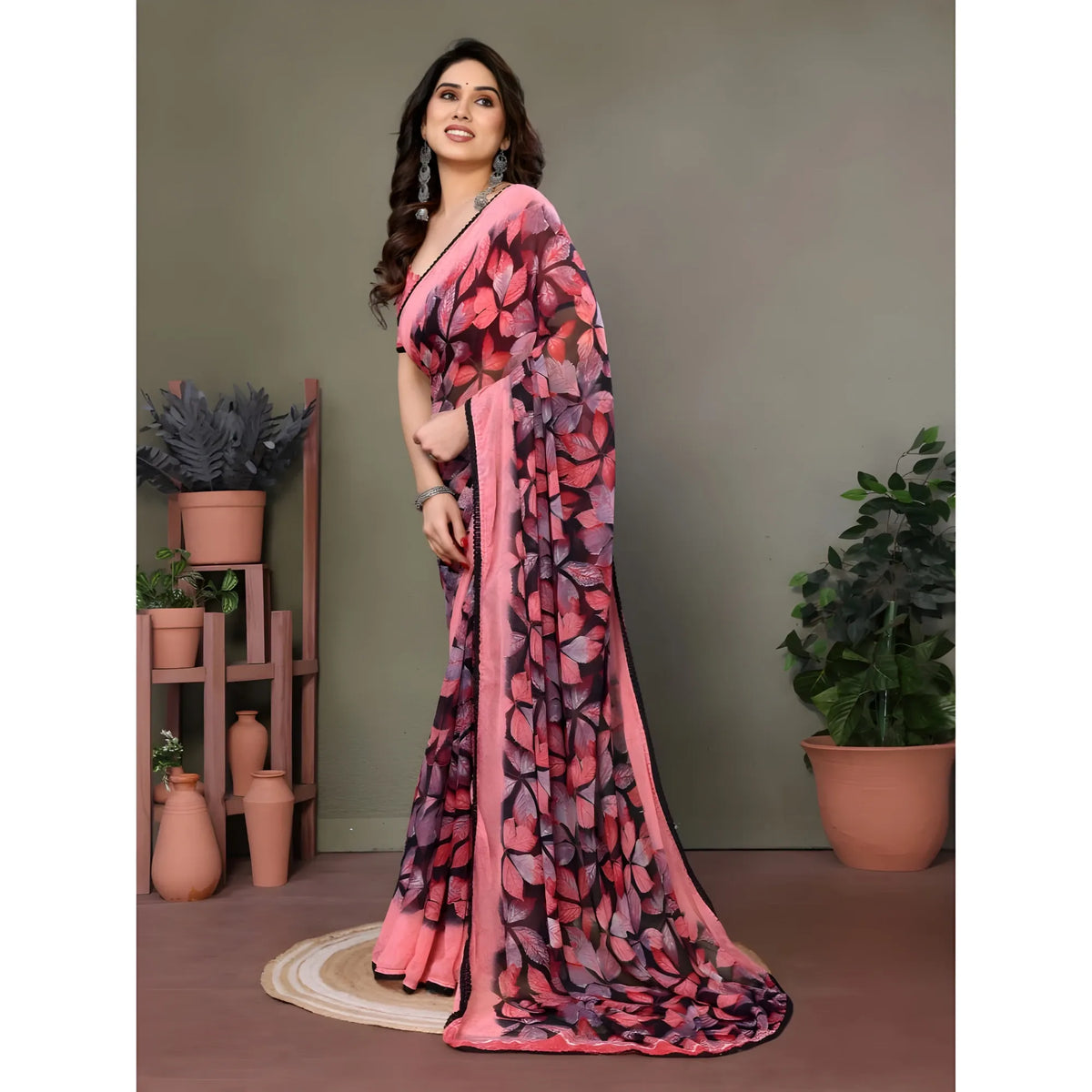 Women's Chiffon Printed Saree With Unstitched Blouse 5.5Mtr  (Pink)