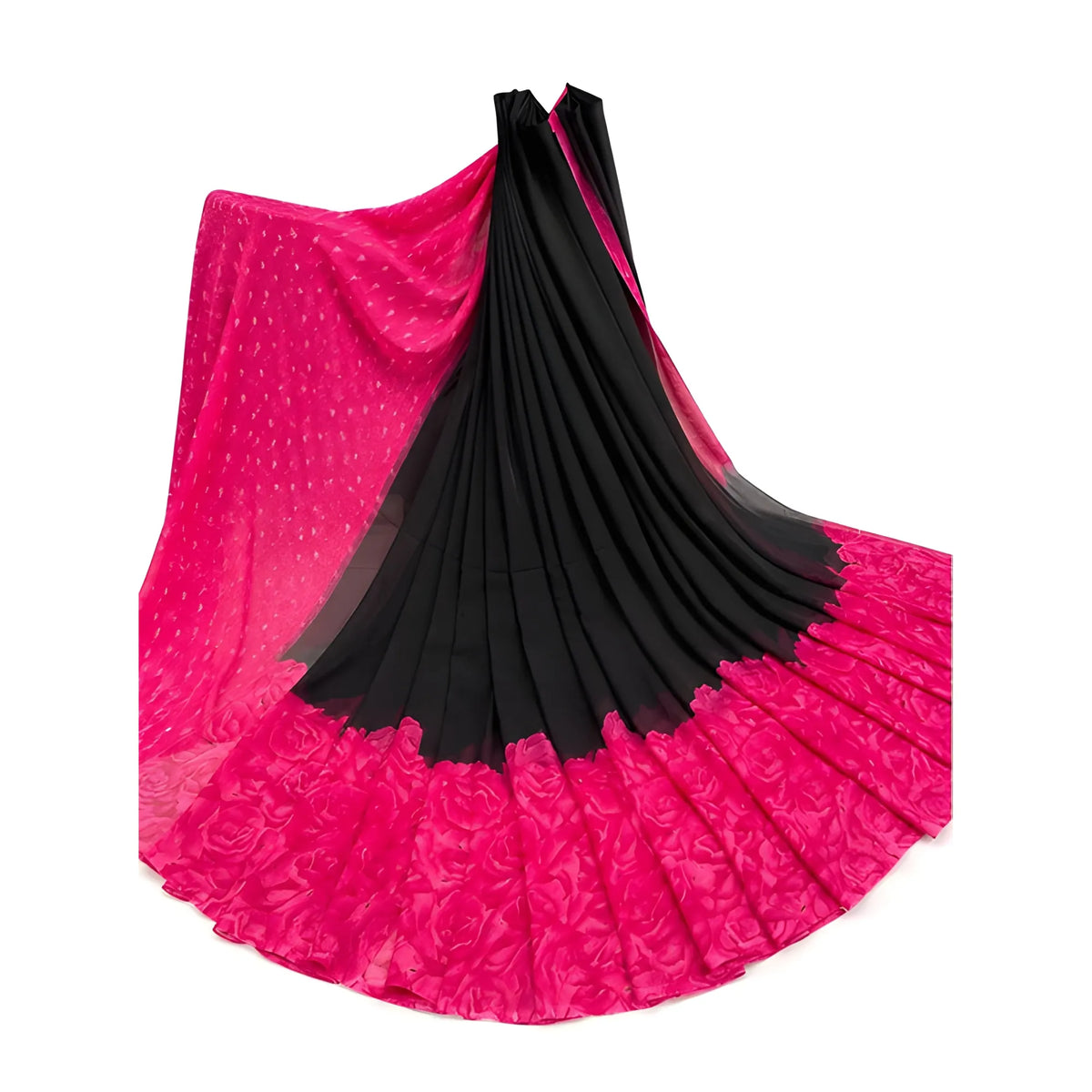 Women's Georgette Printed Saree With Unstitched Blouse 5.5Mtr (Black-Pink)