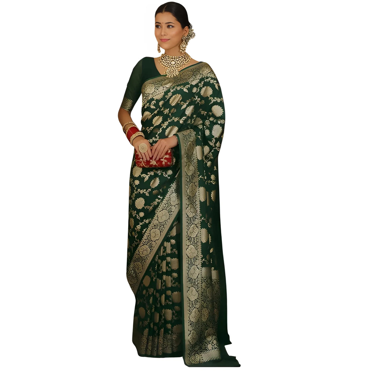 Women's Jacquard Printed Saree With Unstitched Blouse 5.5Mtr (Bottle Green)