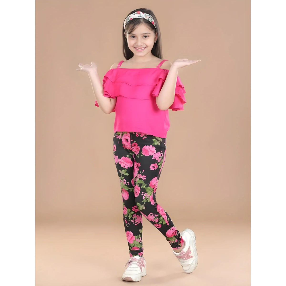 Girl's Cotton Floral Elasticated Jegging And Top Set (black Pink) | Kids Signature Collection