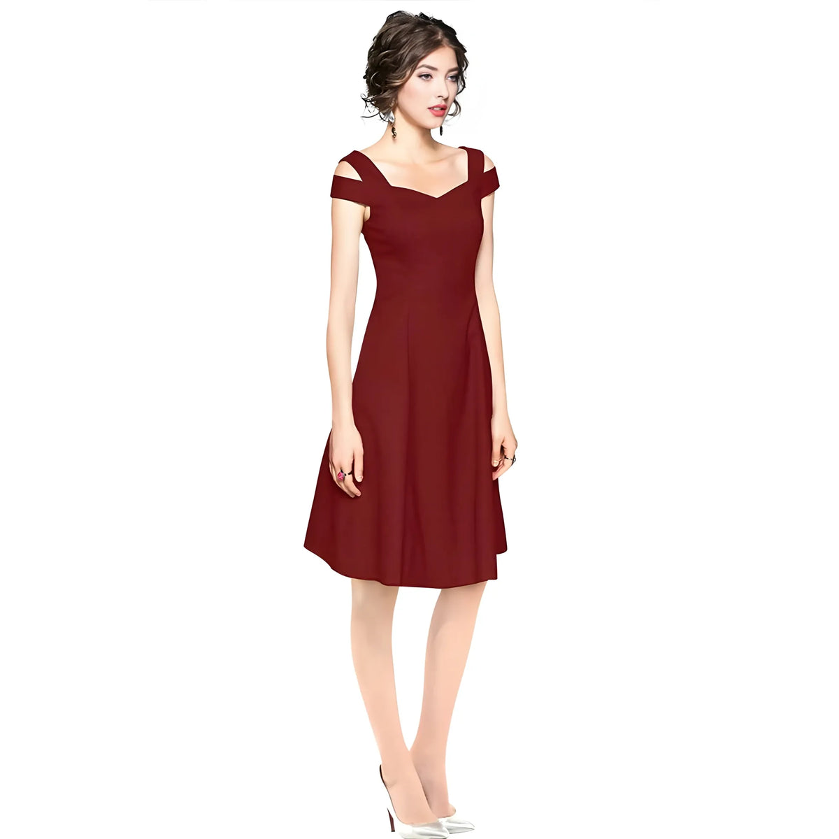 Women's Polyester Solid V Neck Cap Sleeve off Shoulder Dress (Maroon)