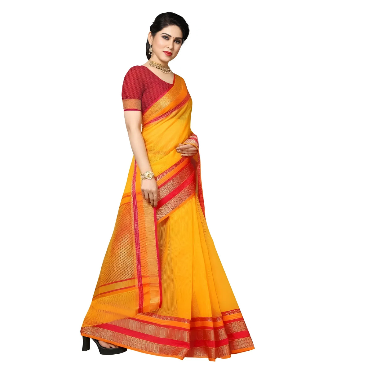 Women's Kota Doria Cotton Border Saree With Blouse (Gold, 5-6 Mtrs)