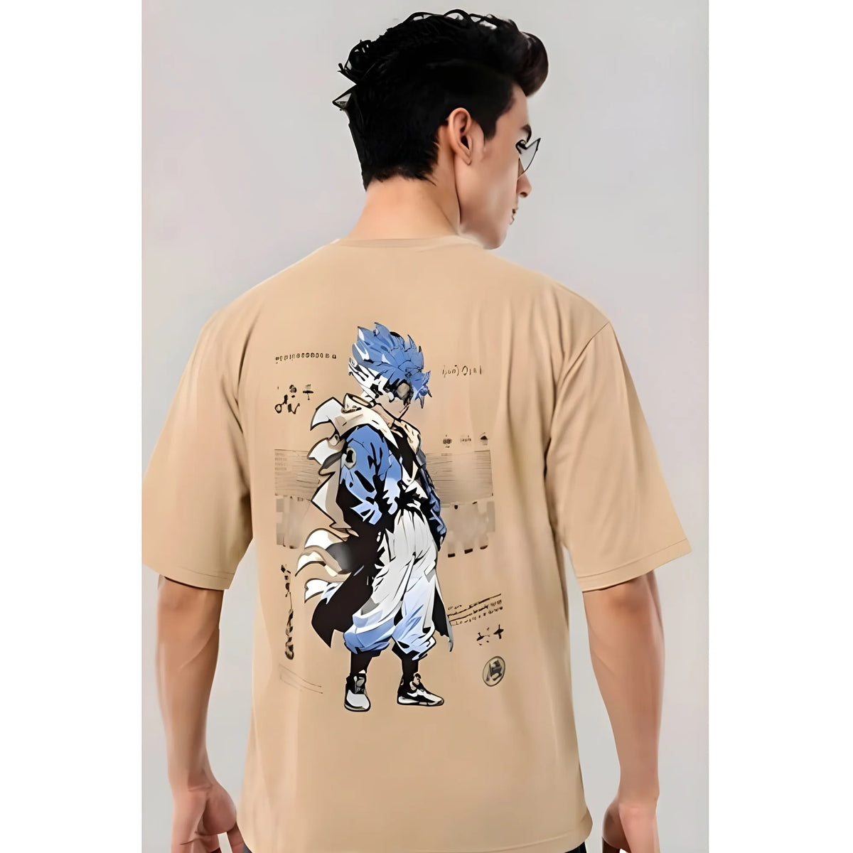 Men's Cotton Blend Printed Oversized Round Neck Half Sleeve T-Shirt (Beige)