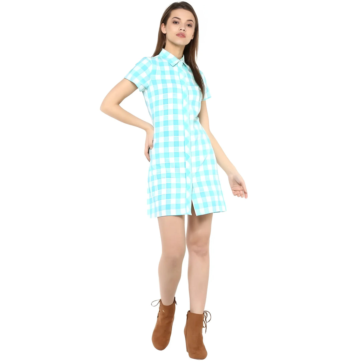 Women's Rayon Checkered Short Sleeve Above Knee Dress (skublue White) | Women Signature Collection