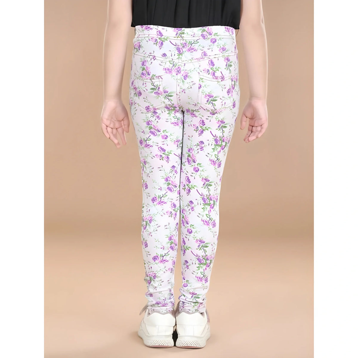 Girl's Cotton Lycra Floral Elasticated Jeggings (Lavender)