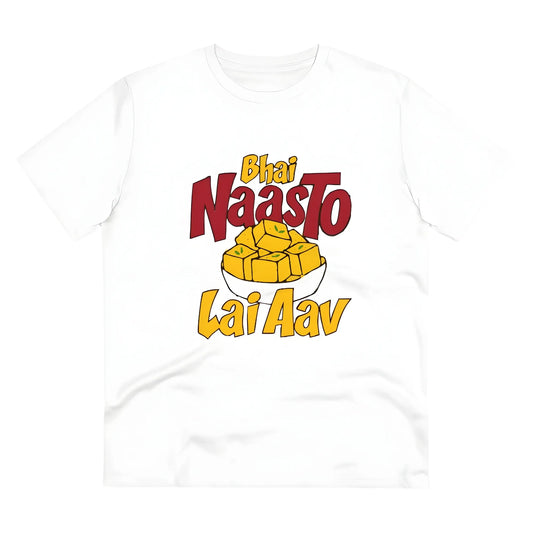 Men's PC Cotton Bhai Nasto Lai Aav Printed T Shirt (Color: White, Thread Count: 180GSM)
