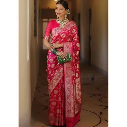 Women's Jacquard Printed Saree With Unstitched Blouse 5.5Mtr (Pink)