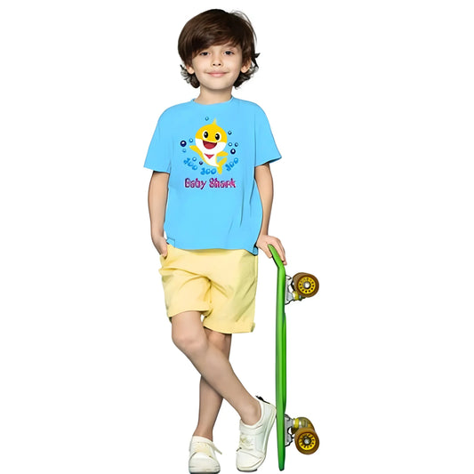 Boys Cotton Baby Shark Half Sleeve TShirt (Blue)