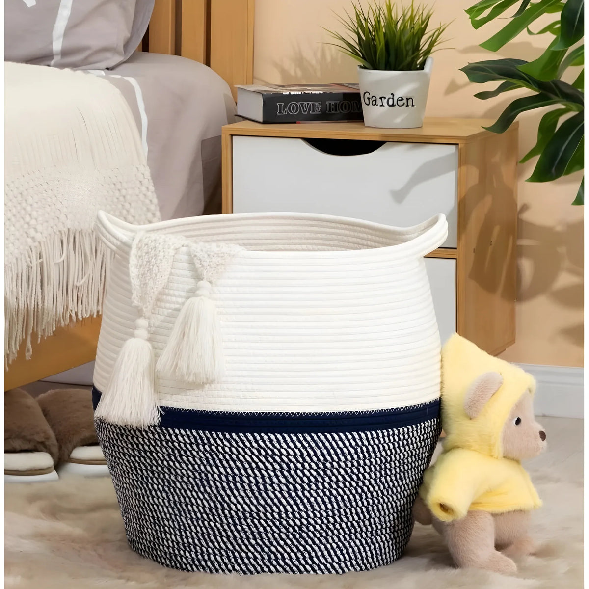 Cotton Matka 14x12 Inch Storage Basket For Clothes With Out Lid (Gray-White)