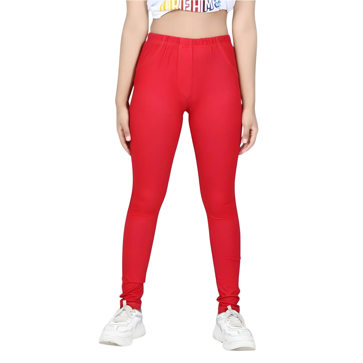 Girl's Cotton Lycra Solid Elasticated Jeggings (Red)